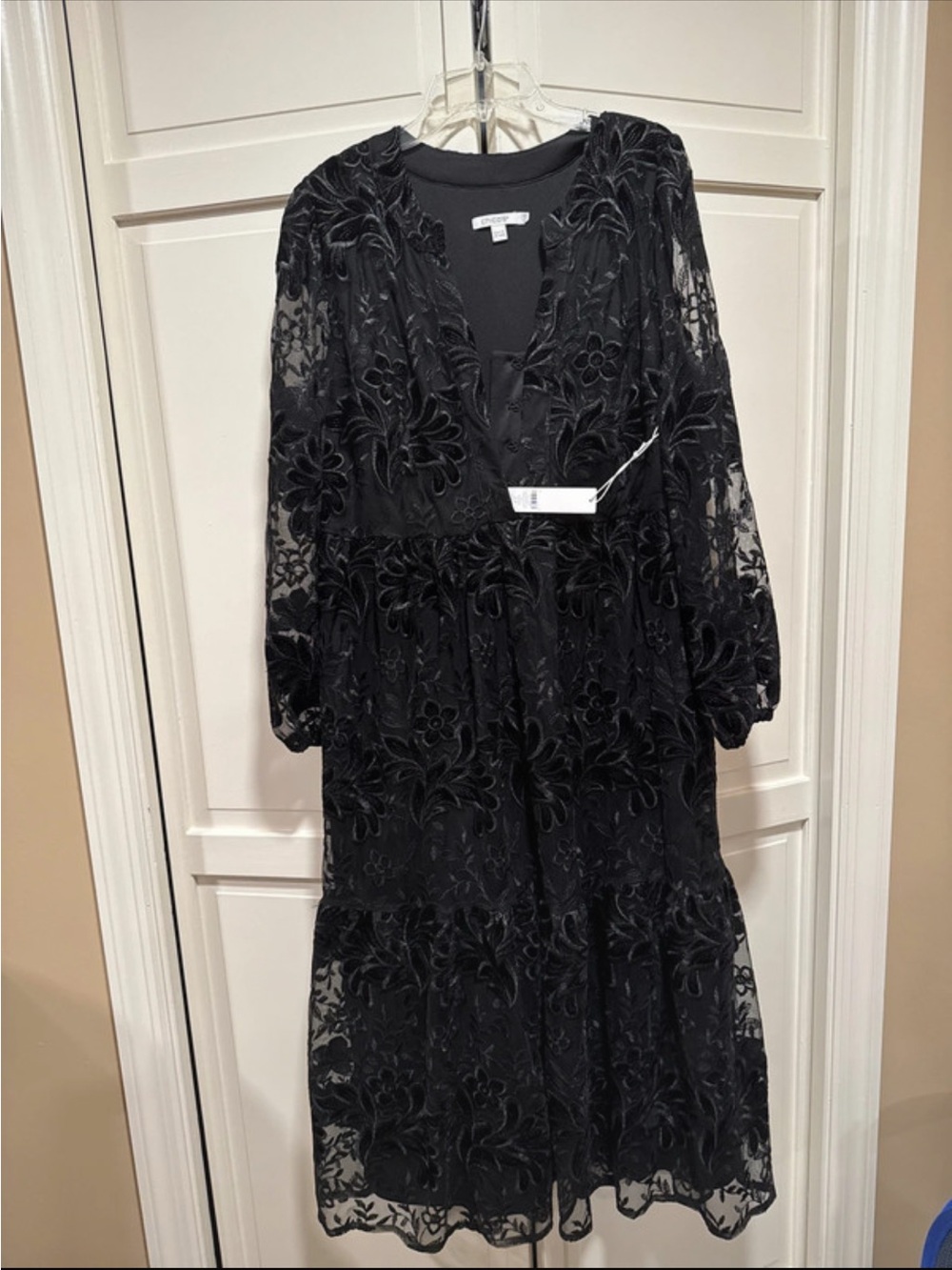 Chico's Black Floral Burnout Lace Midi Dress with Sheer Sleeves